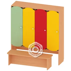 шкафчик детский для одежды 4 секции со скамьей шк-ад-1-4